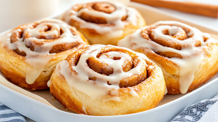 Delicious cinnamon rolls topped with creamy icing, perfect for breakfast or dessert, served fresh on a white plate.