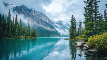 A serene mountain lake with tall evergreen trees and rocky shoreline, reflecting the tranquil waters.
