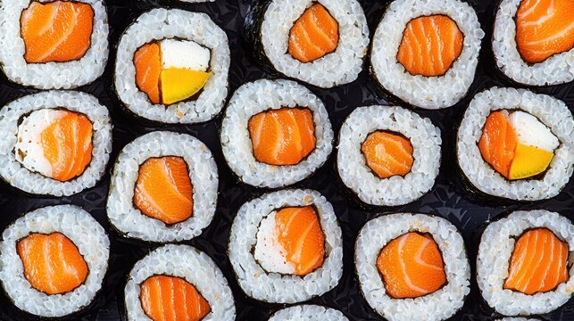 A plate of sushi with salmon and rice, arranged in a grid pattern.