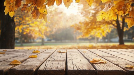 Autumn leaves on a wooden table in a park.