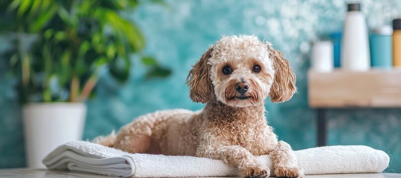 A small, curly-haired dog lying on a white towel in a bathroom with a blue wall and green plants in the background.
