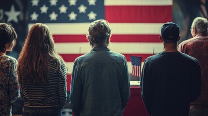 People standing in front of an American flag. The concept of patriotism and national pride. The image captures the sense of unity and unity among the people.