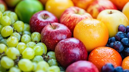 A vibrant assortment of fresh fruits, including apples, oranges, and grapes, arranged in a colorful display.
