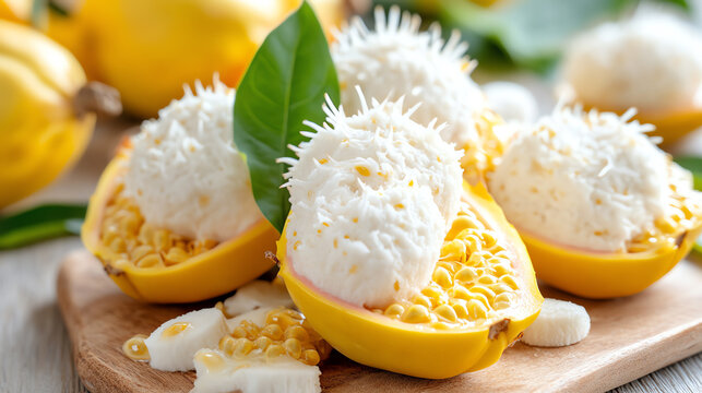 Delicious tropical dessert featuring fresh yellow fruits topped with creamy coconut, ideal for culinary delights and summer treats.