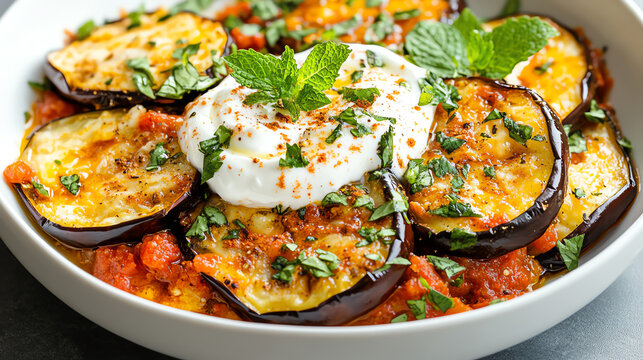Delicious vegetarian dish featuring baked eggplant, fresh herbs, and creamy yogurt in a savory tomato sauce. - Powered by Adobe