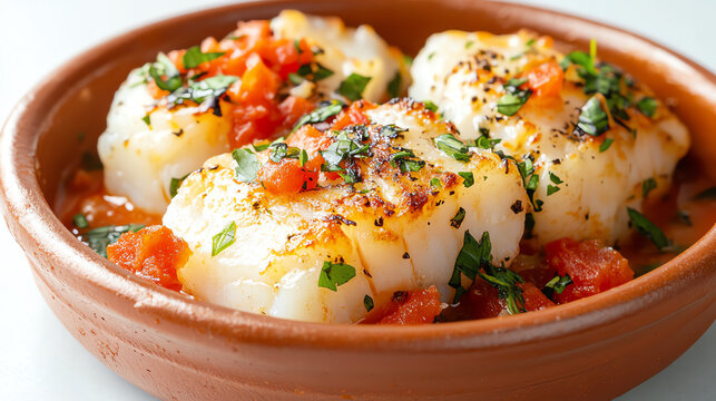 Deliciously baked cod served in a rustic dish with fresh tomatoes and herbs, perfect for a gourmet dining experience.