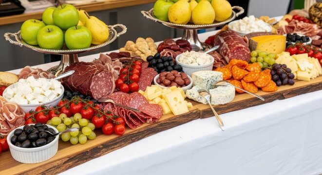 A gourmet charcuterie board with assorted meats cheeses and fruits