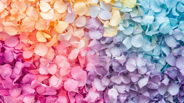 A vibrant display of colorful hydrangea flowers arranged in a gradient pattern, showcasing a spectrum of pastel hues from pink to blue.