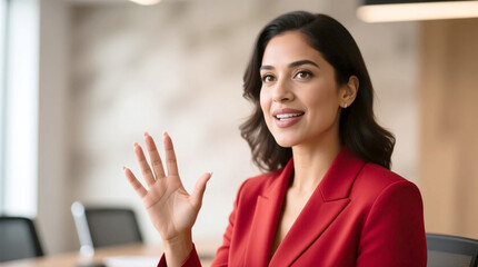 Hispanic business woman hand sharing speaking on ruby clothing with natural office background for corporate meetings, conference presentations, and business branding professional image