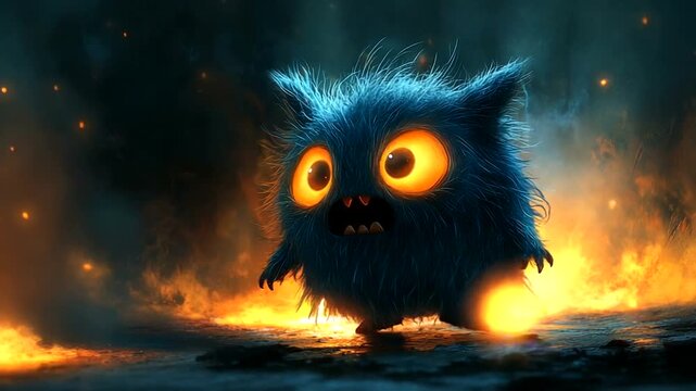Furry creature with glowing eyes in fiery landscape
