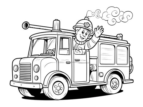 Firefighter in truck waving his hand coloring page - Powered by Adobe