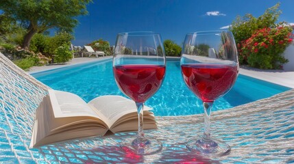 Obraz premium Poolside Relaxation: Wine, Book, and Hammock Vacation