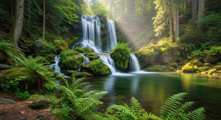 A serene waterfall cascading through a lush green forest landscape