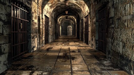 Fototapeta premium A dimly lit, old, stone prison cell with barred windows and a stone floor.