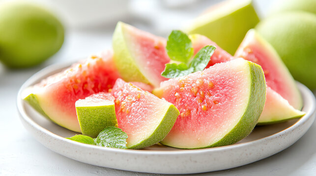 Fresh slices of juicy watermelon garnished with mint leaves, perfect for a refreshing summer treat.