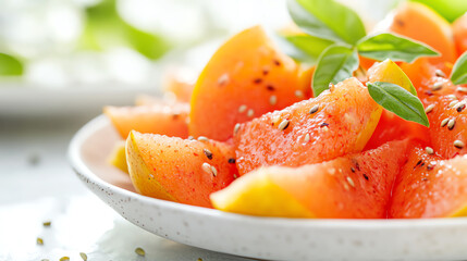 Freshly cut watermelon slices garnished with mint leaves on a plate, perfect for summer snacks and healthy desserts.