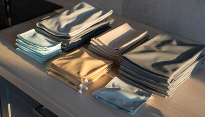 Stacks of folded cloths in various colors on a wooden surface.