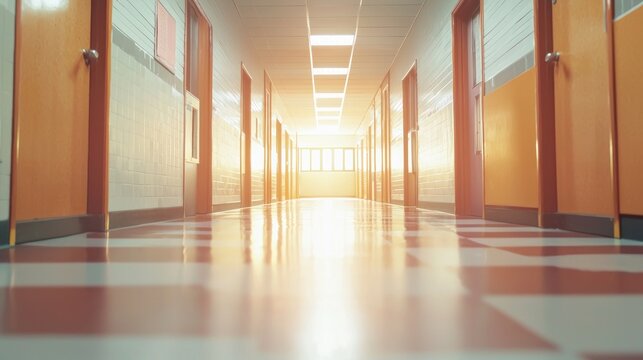 A long, empty hallway with wooden doors and tiled walls, illuminated by fluorescent lights. The hallway is devoid of people, creating a sense of solitude and quietness.