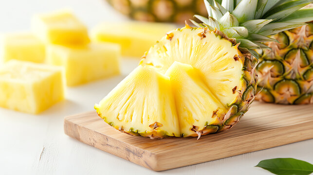 Freshly cut pineapple on a wooden board with yellow fruit pieces, perfect for healthy snacks or tropical recipes.