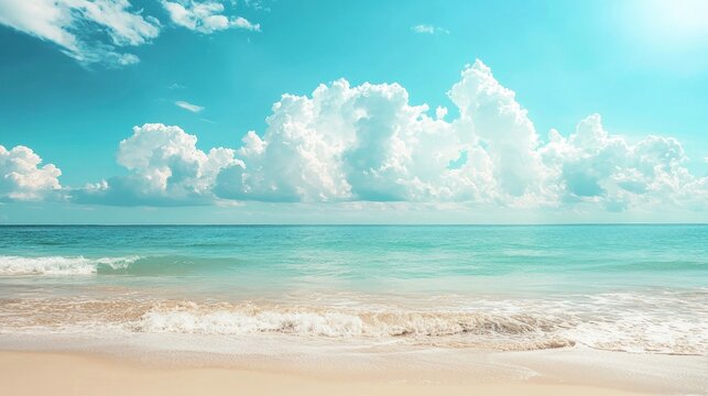 A serene beach scene with a clear blue sky and white clouds, a calm ocean, and a sandy shore.