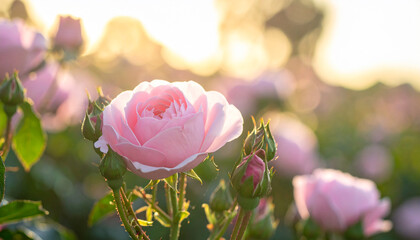 Soft pink rose in bloom with buds and bokeh background at sunset flower blooming
