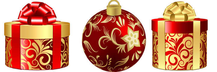 Luxury Red and Gold Christmas Gift Box with Ornate Pattern and Festive Ornament Ball Isolated on Pure White Background