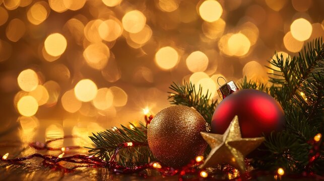 Christmas decorations with red and gold baubles and a star on a wooden table with a golden bokeh background. - Powered by Adobe