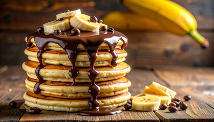 Stack of Pancakes Drizzled with Chocolate Syrup and Banana Slices Keywords: pancakes, stack