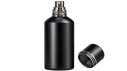 Elegant black perfume spray bottle mockup with cap off for cosmetics branding and product showcase isolated on transparent background