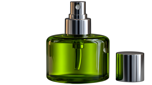 Elegantly styled green perfume bottle with metallic accents offers a fresh, vibrant fragrance appeal isolated on transparent background