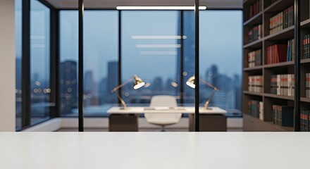 Modern office with glass walls and a view of the city skyline.