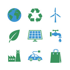 Ecology, Environment, and Green Energy Icons Set with Recycle, Solar Panel, and Electric Car