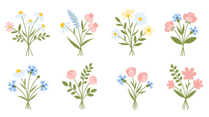 Eight floral bouquets arranged in two rows, featuring daisies, roses, cornflowers, tulips, and lavender, tied with string, on a white background.