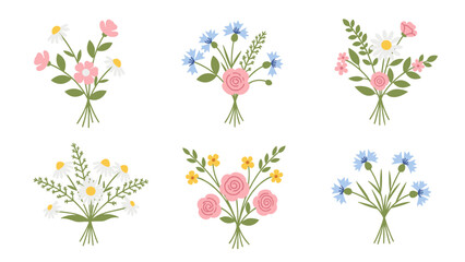Fototapeta premium Six small bouquets of stylized flowers, including roses, daisies, and cornflowers, tied with string, arranged on a white background.