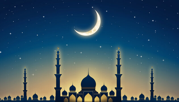 Mosque silhouette under a crescent moon and starry night sky.