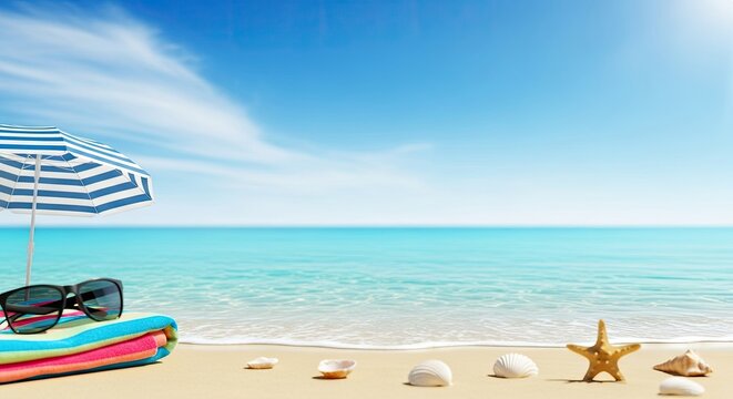 A beach scene with a striped umbrella, colorful towels, seashells, and a starfish on a sandy beach.