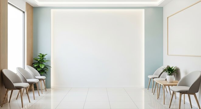 A modern, minimalist office waiting area with white walls, wooden accents, and a large blank white wall.