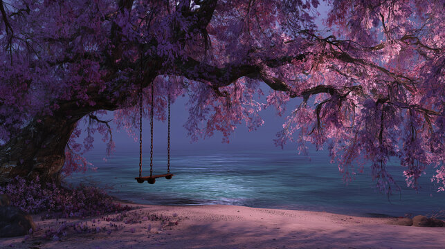 A surreal composition features a toilet seat hanging from the branches of an ancient cherry tree overlooking a calm moonlit sea, with beach sand visible in the foreground and a distant island densely 