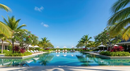 A serene poolside scene with palm trees, lounge chairs, and umbrellas under a clear blue sky.
