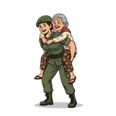 a female soldier carrying an old grandmother.white background.