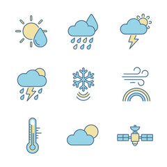 Obraz premium Weather Forecast and Meteorology Line Icon Set with Sun, Rain, Snow, and Satellite Symbols