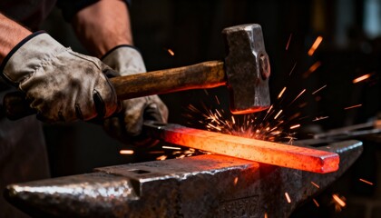 Close-up of a blacksmith striking a glowing hot metal bar on an anvil, generating fiery sparks.
