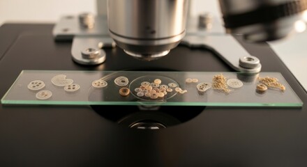 Microscope Slide with Diverse Microscopic Specimens Under Objective Lens