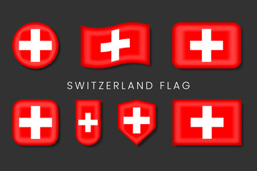 Switzerland Flag Glossy Icons — Red Cross National Badge Vector Pack