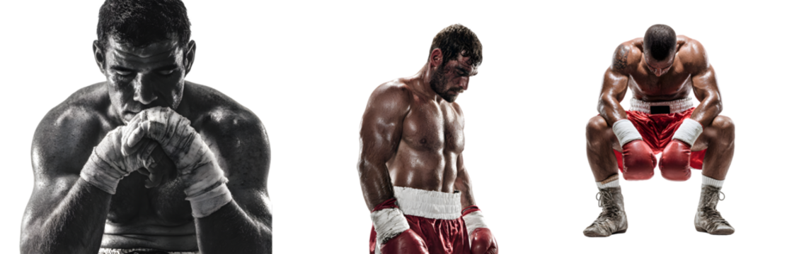 Three boxers in different poses showcasing their strength and determination. - Powered by Adobe