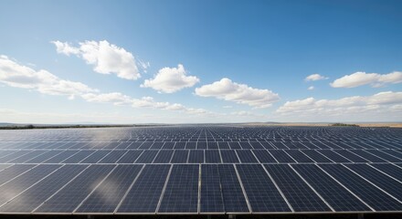 A vast array of solar panels in a desert landscape under a clear blue sky with scattered clouds.