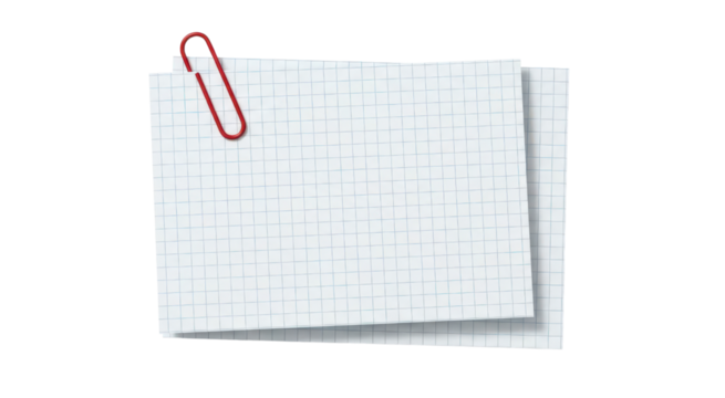 Memo Notes Secured: Two sheets of memo notes with grid lines, held together by a red paperclip, ready for important ideas, ideas and messages, conveying organization. 