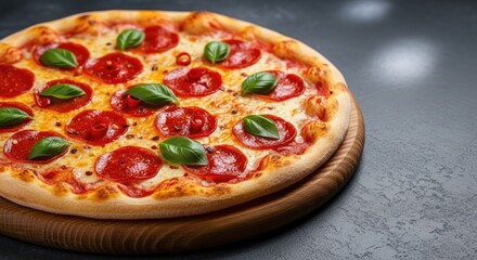 A freshly baked pepperoni pizza with fresh basil leaves on a rustic wooden board on a dark stone surface.