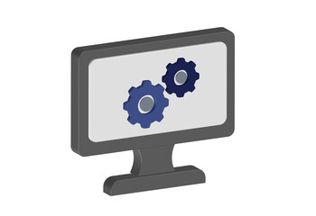 Simple 3D illustration of a computer screen monitor icon with gears