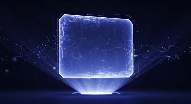 A glowing, futuristic cube with a blue and white digital interface, emitting a blue glow with a wave-like pattern in the background. - Powered by Adobe